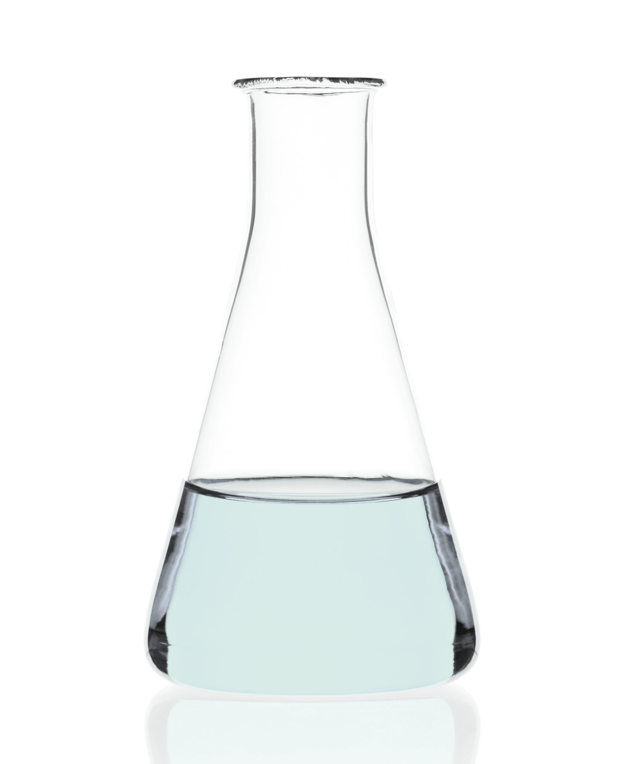 Scientific Conical Flask Filled with Chemicals Close Up Against a White Background