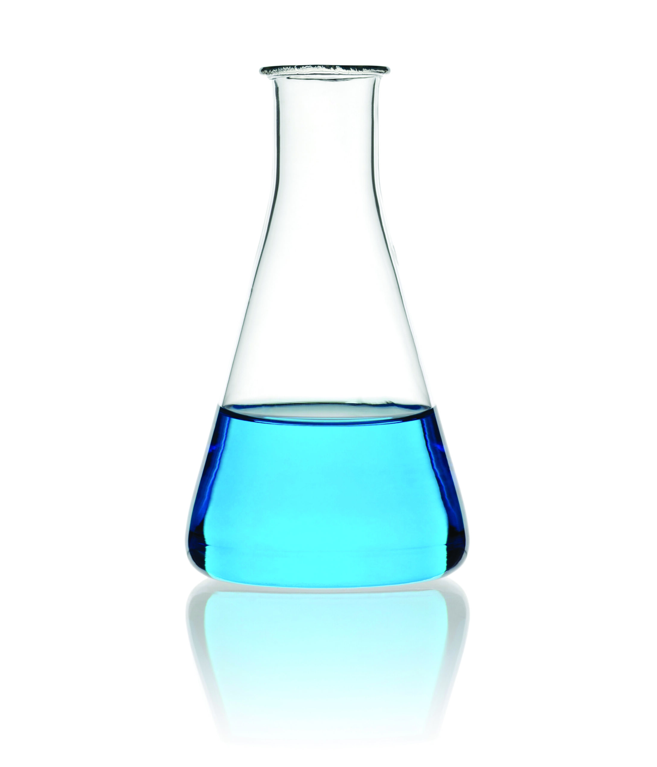 Scientific Conical Flask Filled with Chemicals Close Up Against a White Background